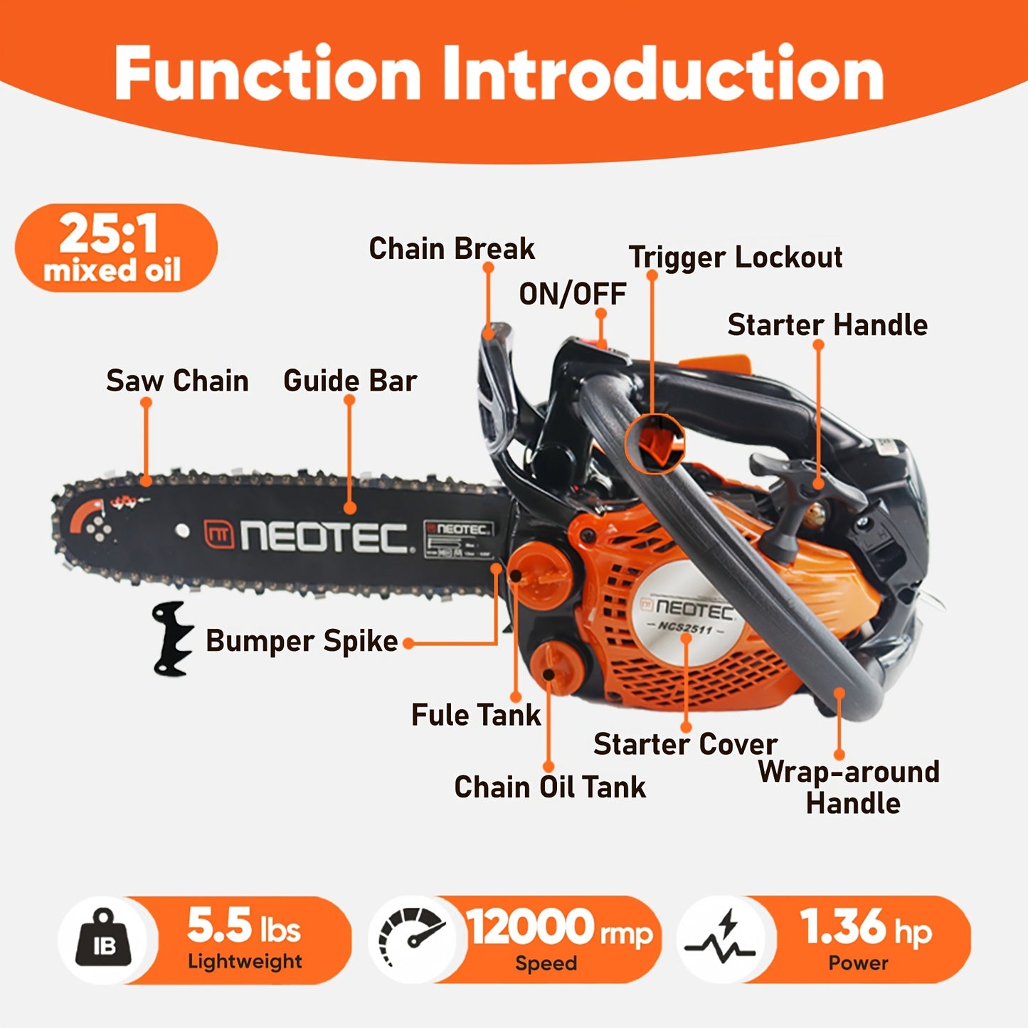 Top Handle Chainsaw 25CC 12-Inch – 2-Cycle Gas Arborist Saw, 12000 RPM, Low-Kickback Chain, Anti-Vibration, 5.5 lbs Lightweight Design