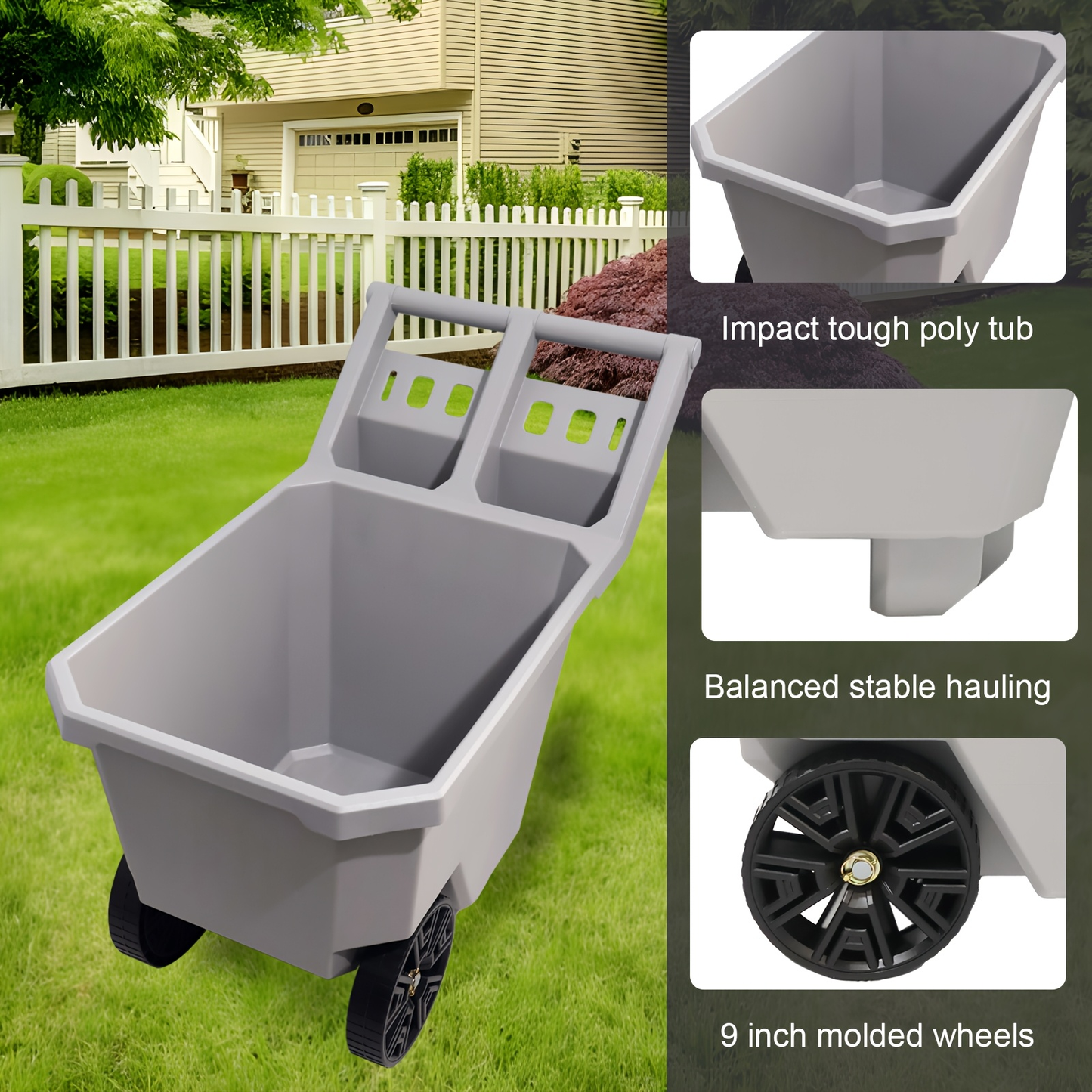Wheelbarrow 2-Wheel Yard Cart 300 lbs, Push Pull Design with 9-Inch Maintenance-Free Solid Wheels, Heavy Duty Trash & Garden Cart, Gray