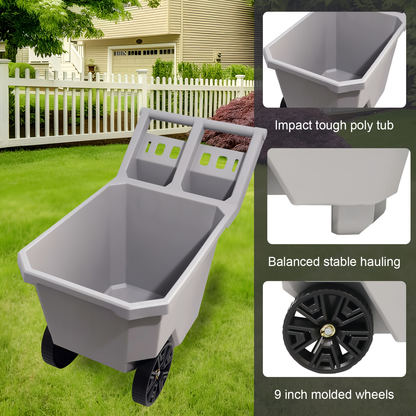Wheelbarrow 2-Wheel Yard Cart 300 lbs, Push Pull Design with 9-Inch Maintenance-Free Solid Wheels, Heavy Duty Trash & Garden Cart, Gray