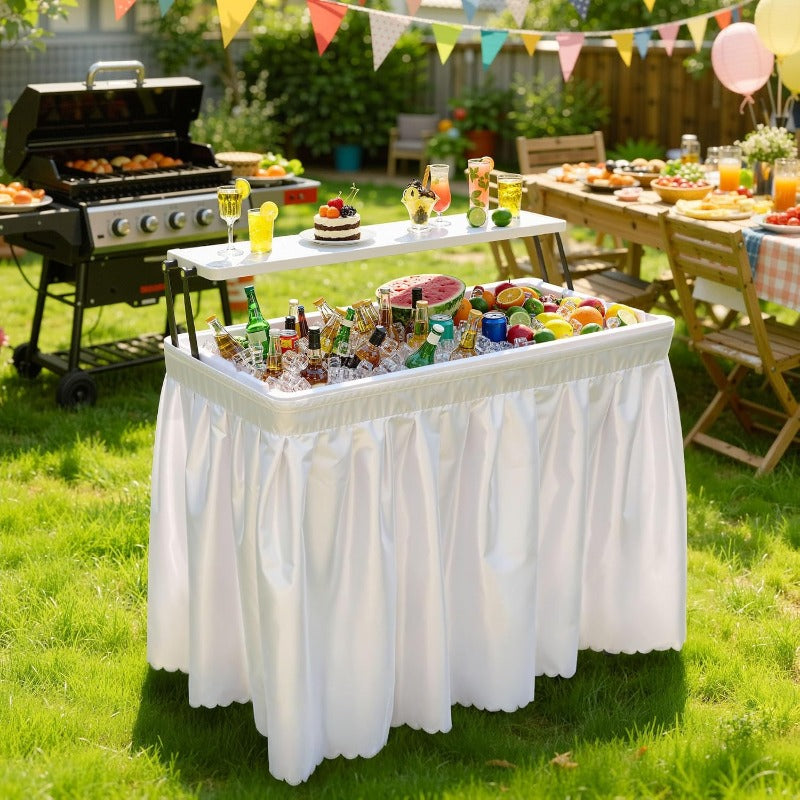 2-Tier Ice Table 40.5" Folding Bar Cooler with Drain, Skirt & Metal Shelf, Double-Layer Outdoor Beverage Station for Parties, BBQ & Camping