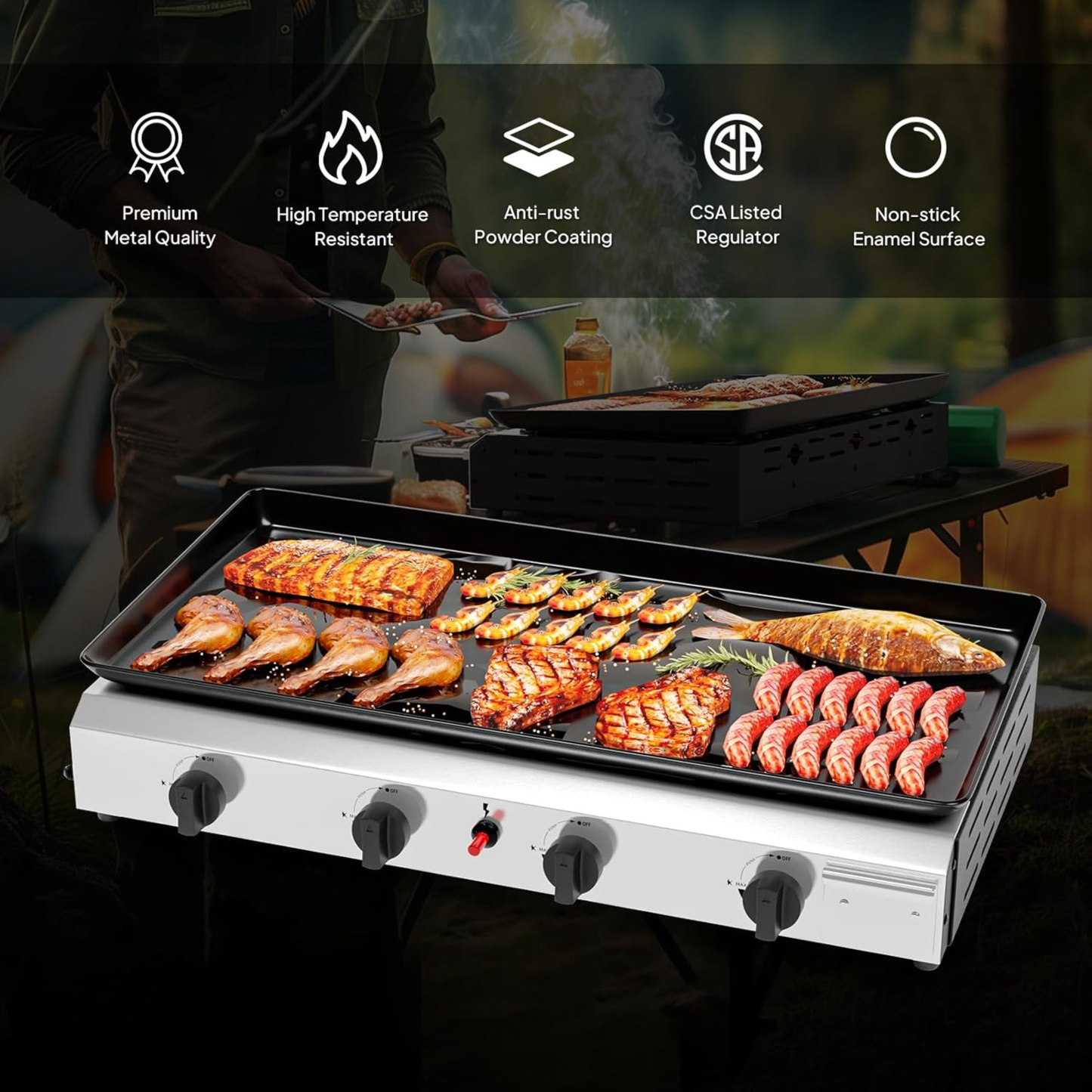 Flat Top Griddle Propane Tabletop 2 or 4 Burner, 20000 BTU Portable Gas Grill with Nonstick Enamel Tray, Piezo Ignition, 246 Sq In Cooking Surface for Camping BBQ Tailgating Backyard