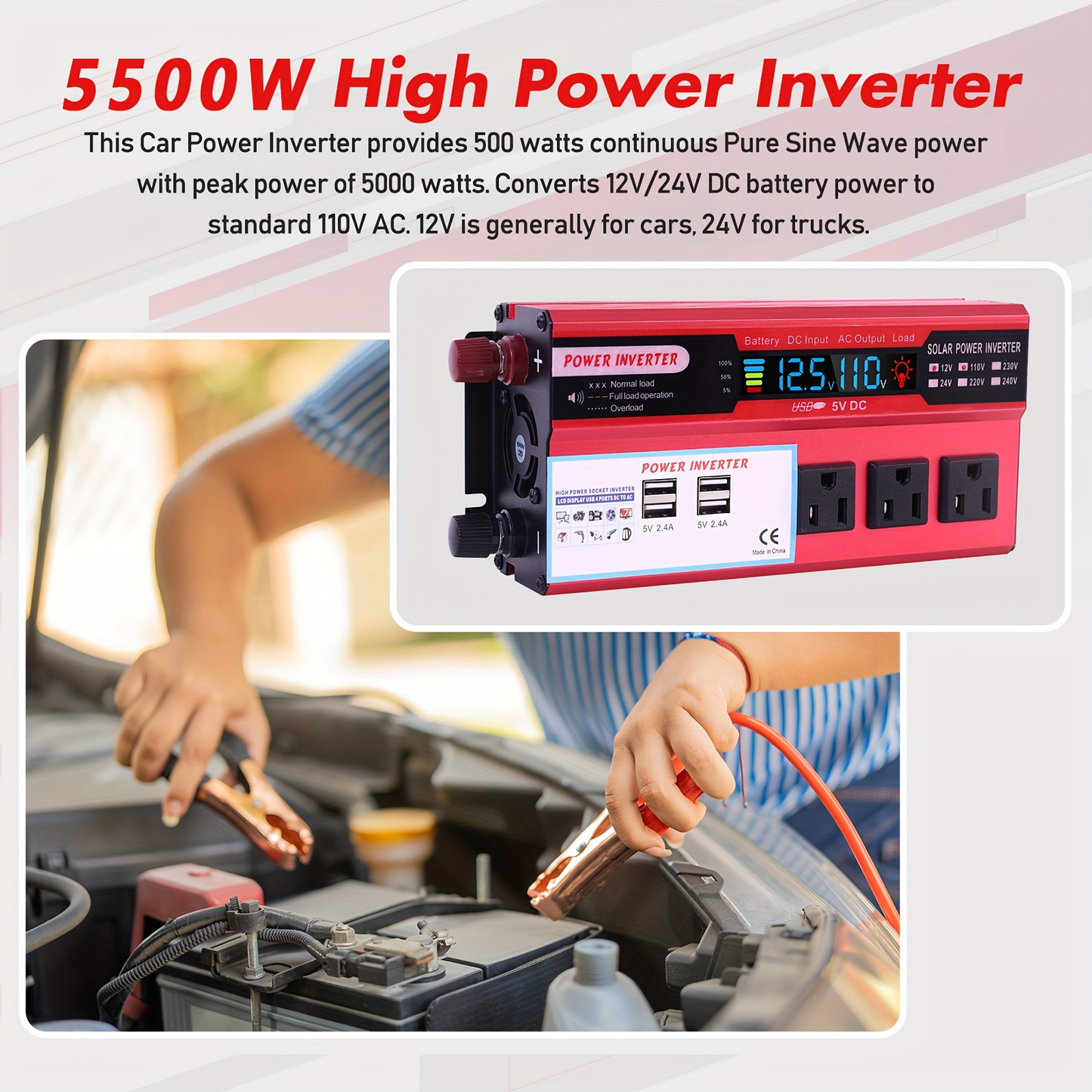 DC to AC Inverter 4000W 5500W 6500W 16000W Peak DC 12V to AC 110V High Power Car Inverter with USB Ports US Sockets Cooling Fan Overload Protection for RV Truck Outdoor Emergency