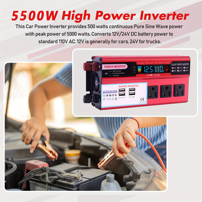 DC to AC Inverter 4000W 5500W 6500W 16000W Peak DC 12V to AC 110V High Power Car Inverter with USB Ports US Sockets Cooling Fan Overload Protection for RV Truck Outdoor Emergency