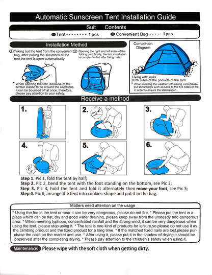 Beach Tent Pop Up Sun Shade 2-3 Person Anti-UV with Carry Bag