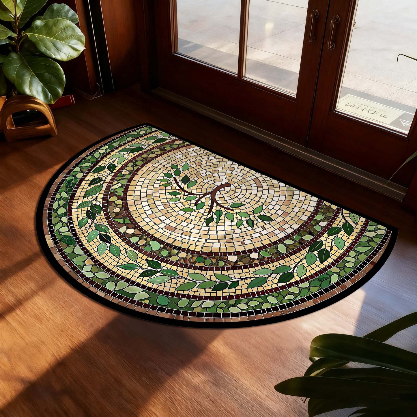 Non-Slip Bathroom Rug Semicircle Bath Mat, Crystal Velvet Soft Absorbent Floor Mat, Vintage Mosaic Vine Pattern, 60x90cm Entry Mat for Bathroom Bedroom Kitchen