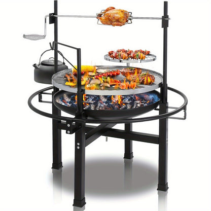 BBQ Fire Pit 33 Inch Wood Burning Outdoor Fire Pit with Swivel Cooking Grate, 2 Removable Grills for Backyard Patio Picnic Outside Camping
