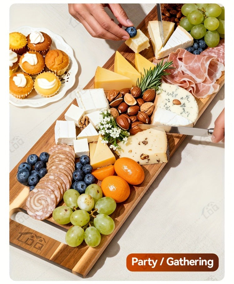 Charcuterie Board Wood 36x11 Extra Long Serving Board with Handles & 2 Display Bases for Parties Wedding Camping Easter Gifts