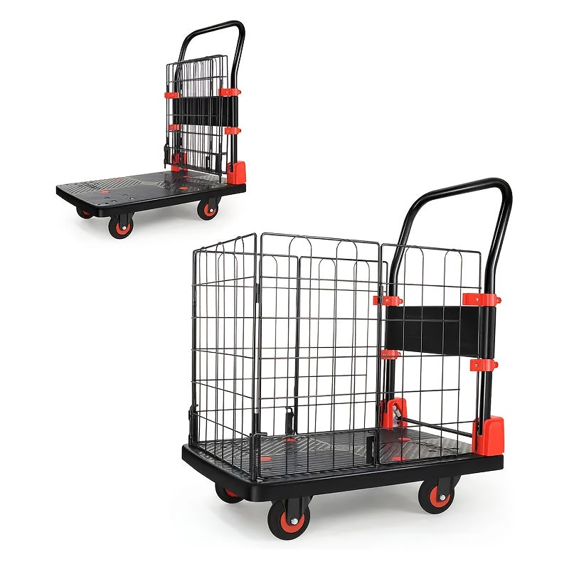 Folding Platform Cart with Removable Cage & Silent Wheels, 400-900 lbs Capacity, Anti-Skid Deck, Telescopic Handle for Moving, Warehouse and Storage
