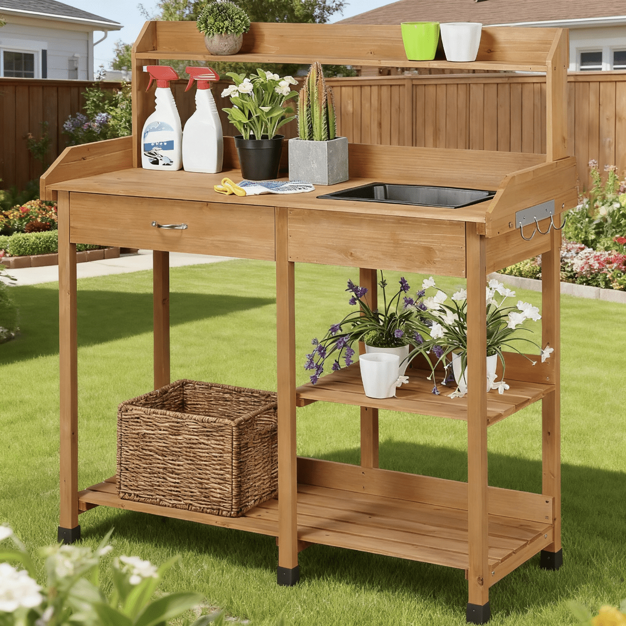 Garden Potting Table 4-Tier with Removable Sink, Adjustable Shelf, Drawer & Side Hooks, Outdoor Planter Stand for Yard Greenhouse in Wood, Brown & Gray