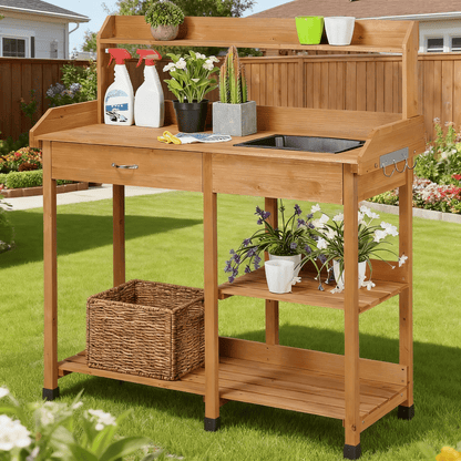 Garden Potting Table 4-Tier with Removable Sink, Adjustable Shelf, Drawer & Side Hooks, Outdoor Planter Stand for Yard Greenhouse in Wood, Brown & Gray