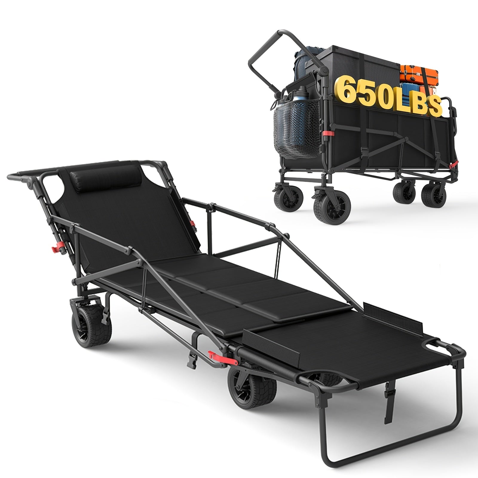 Folding Wagon 2-in-1 Convertible Beach Chair 650LBS | All-Terrain Utility Cart Camping Beach Garden Shopping