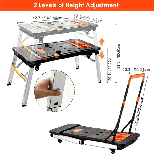 7in 1 Multifunctional Work Benches, Folding Work Table for Garage, As Portable Workbench, Sawhorse, Scaffold, Platform, Car Creeper, Dolly And Hand Truck, with 4 Wheels, Perfect Gift for Father's Day, Requires No Assembly