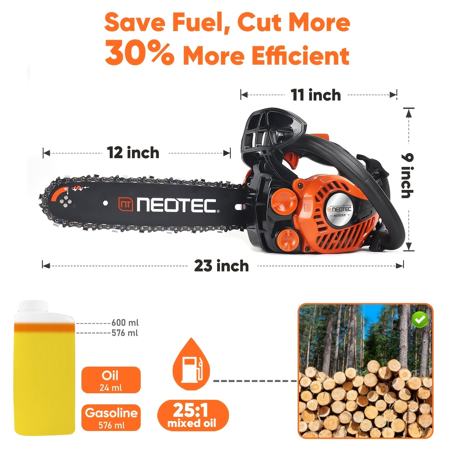 Top Handle Chainsaw 25CC 12-Inch – 2-Cycle Gas Arborist Saw, 12000 RPM, Low-Kickback Chain, Anti-Vibration, 5.5 lbs Lightweight Design