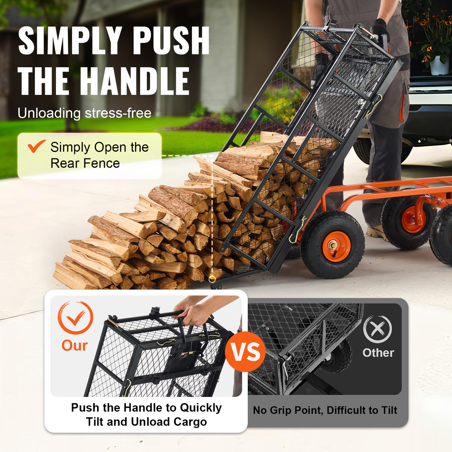 Garden Dump Cart 880LBS Convertible Flatbed Utility Wheelbarrow with 2-in-1 Handle, Removable Side Panels, Mesh Cover & 10" Rubber Tires – 400/600/880 LBS