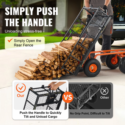 Garden Dump Cart 880LBS Convertible Flatbed Utility Wheelbarrow with 2-in-1 Handle, Removable Side Panels, Mesh Cover & 10" Rubber Tires – 400/600/880 LBS