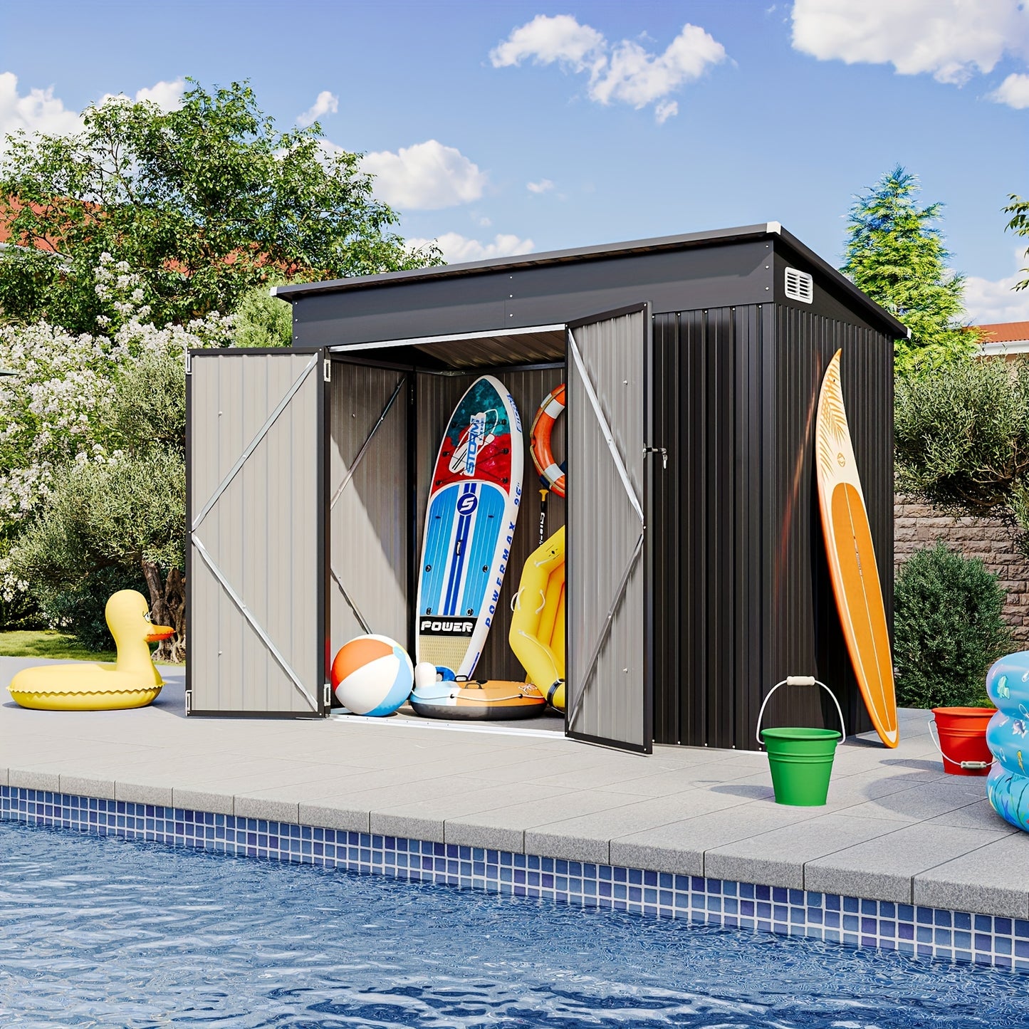 Storage Shed | Outdoor Steel Triple Door Sloped Roof Bike Garden Tools