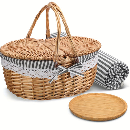 Picnic Basket Set with Blanket & Bamboo Plates – Wicker Hamper with Lid, Handle & Washable Lining for Camping, Outdoor Dining & Garden Parties, Grey
