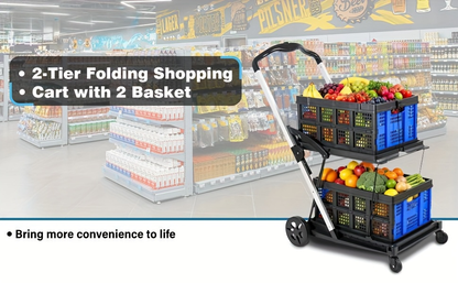 Two Tier Cart with 2 Storage Crates 360° Swivel Wheels, Heavy Duty Collapsible Shopping Trolley Folding Utility Cart for Groceries Picnic Office Multi-Use