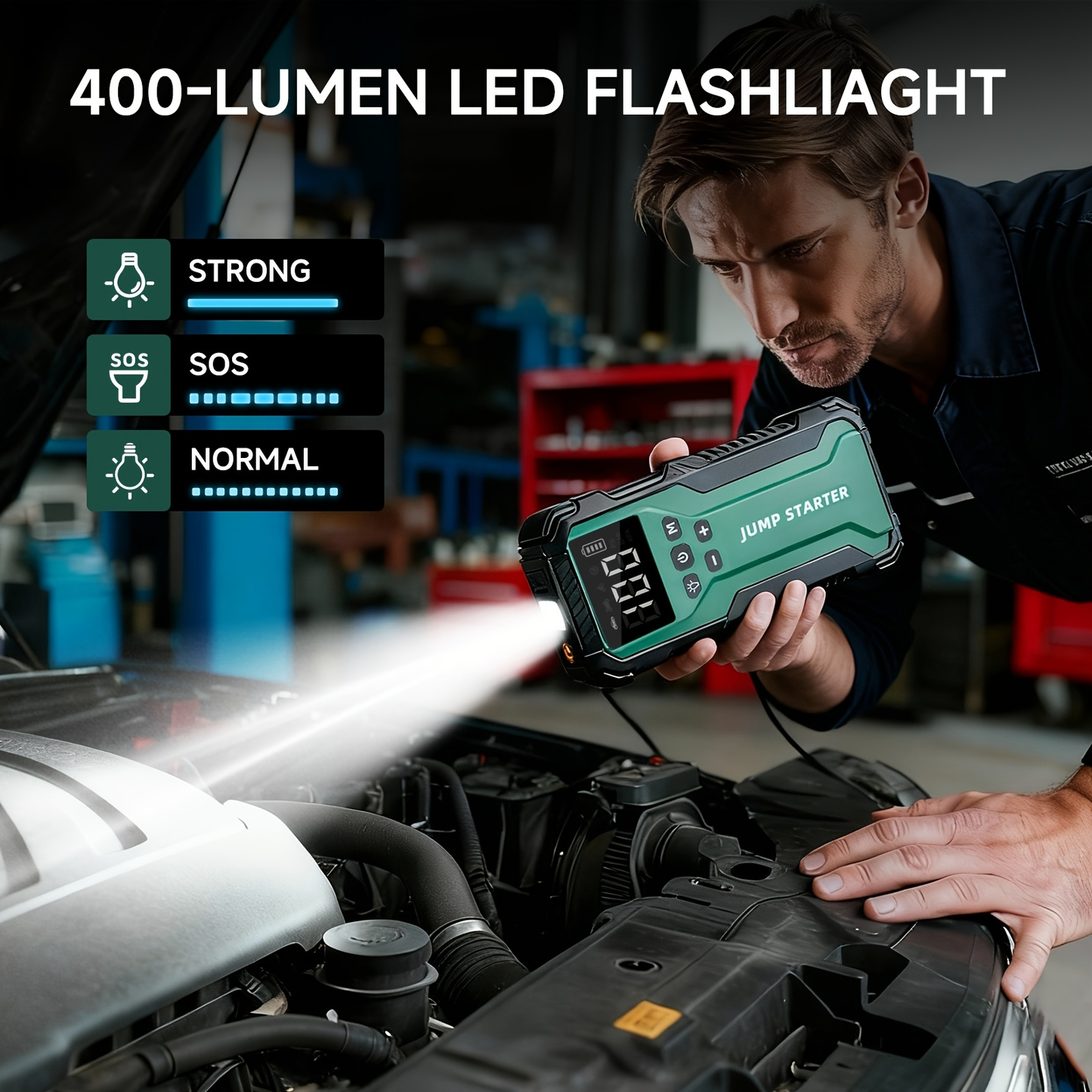 Car Jump Starter 10000A 7-in-1 Portable Battery Booster with Air Pump, Digital Tire Inflator 150PSI, LED Emergency Light for Gas & Diesel Vehicles
