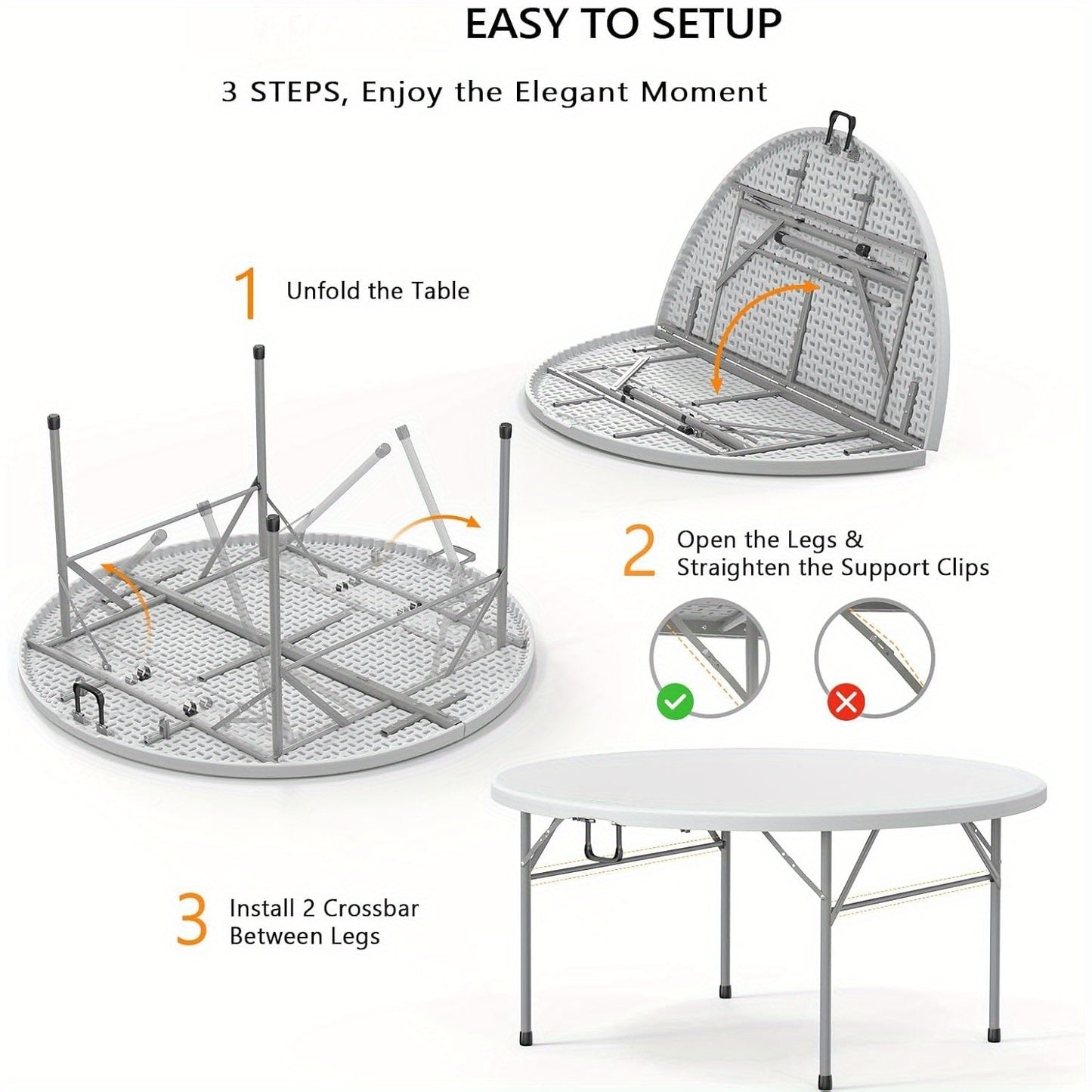 Round Folding Table 48" / 60" Bi-Fold HDPE 1.75" Thick Top Rust-Resistant Steel Frame for Wedding, Party & Commercial Events — 1, 2 or 4 Pack
