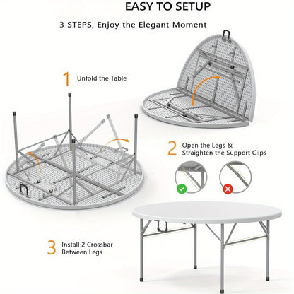 Round Folding Table 48" / 60" Bi-Fold HDPE 1.75" Thick Top Rust-Resistant Steel Frame for Wedding, Party & Commercial Events — 1, 2 or 4 Pack