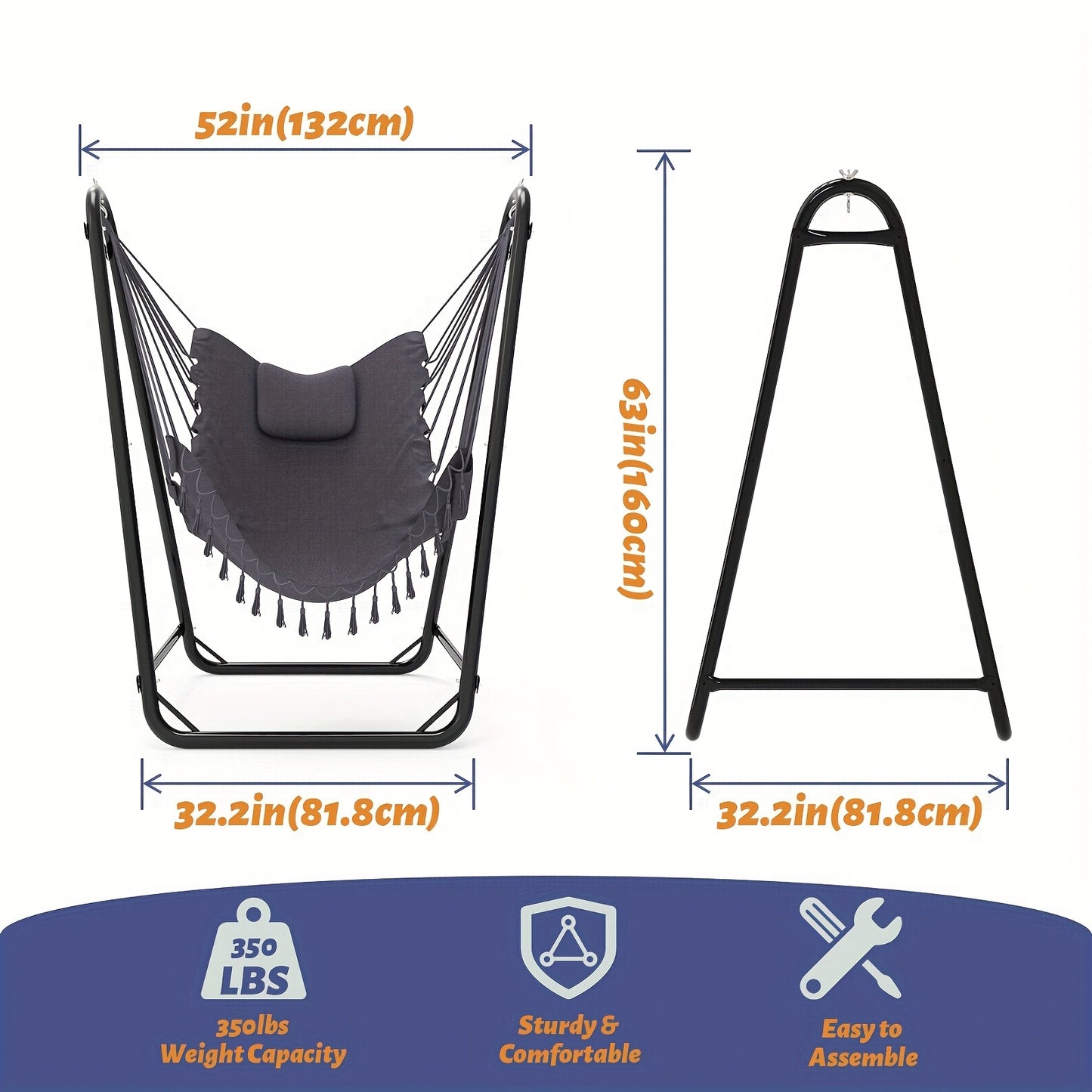 U-Shaped Hammock Chair Stand with Free Hanging Chair, Double Tube Steel Frame, 350 lbs Capacity, Rust-Resistant Powder Coat, Side Pocket Included