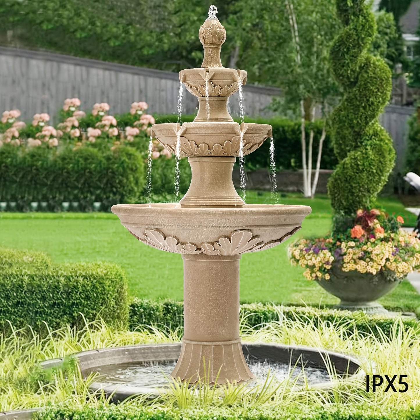 Outdoor Water Fountain 3-Tier 48.4" – Italian Cascading Garden Fountain with Carved Flowers, IPX5 Pump, Large Floor-Standing Resin Bubbler for Patio, Yard & Home Decor
