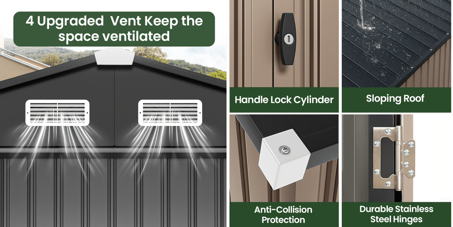Outdoor Metal Storage Shed with Lockable Doors & Air Vent