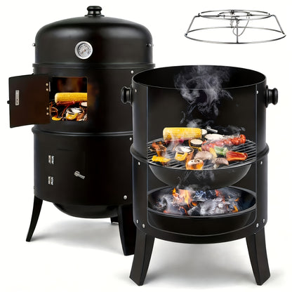 Charcoal Smoker Grill 3-in-1 Portable Outdoor BBQ with Built-in Thermometer, Adjustable Height & Spacious Cooking Grate for Camping Backyard Tailgate, Black