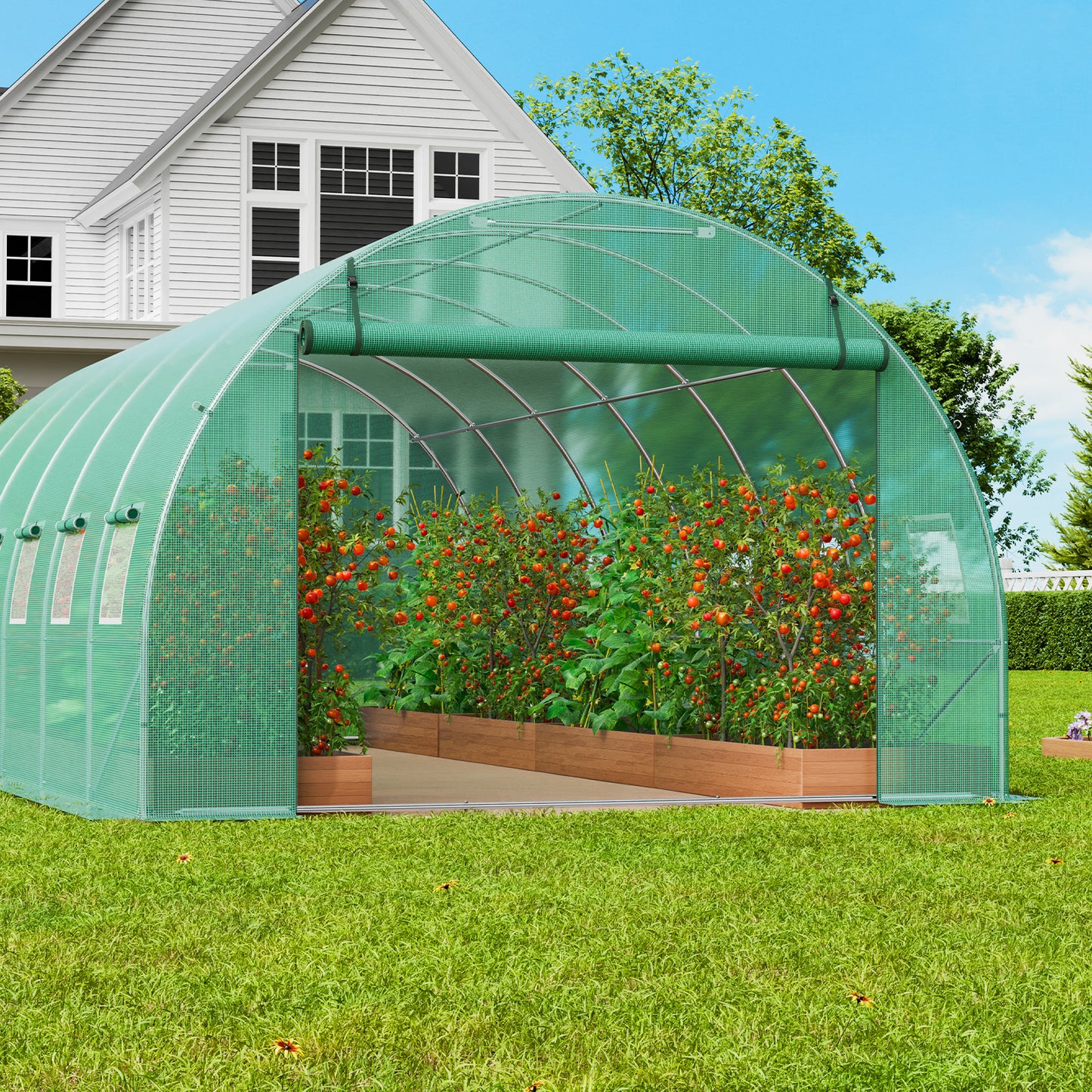 Tunnel Greenhouse Heavy Duty Galvanized Frame 140g/m² PE Cover, 6 Vent Windows Walk-In Hoop House for Garden & Farm, Multiple Sizes