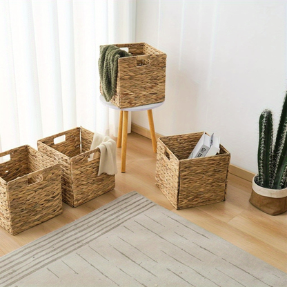 Woven Storage Baskets - Water Hyacinth, Seagrass & Paper Rope Organizer Bins for Shelves, Bathroom, Kitchen, Bedroom, Boho Home Decor