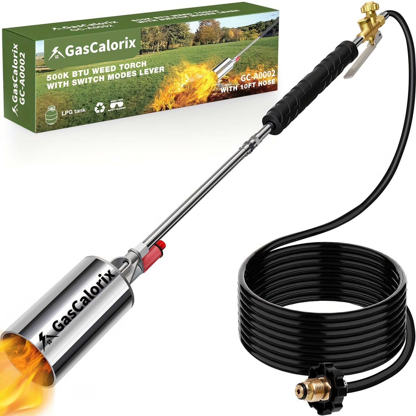 Weed Burner Torch Propane with 10ft Hose & Turbine Trigger, High-Output Flame Weeder with 1lb Cylinder Converter for Garden Weeding, Ice & Snow Melting, Wood Burning, Outdoor Use – Gas Tank Not Included