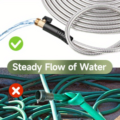 Stainless Steel Metal Garden Hose | Kink-Free, 10-Function Nozzle, Brass Fittings – 10FT to 150FT