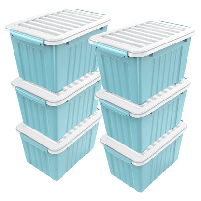 Stackable Storage Bins with Lids and Wheels | 72QT & 97QT Heavy Duty Bins | 4 or 6 Pack | 220LB Capacity | Clear, Blue/White, Black/Yellow