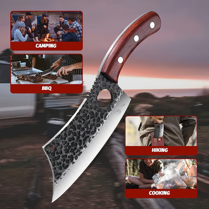 Chef Knife Hand Forged | High-Carbon Steel Viking Cleaver Full Tang Oak Handle with Sheath | BBQ Camping Meat Cutting Kitchen Knife Gift for Men Women