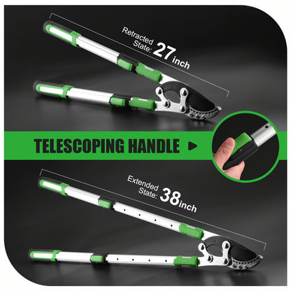 Long Reach Pruning Shears 18-38 Inch Extendable - Non-Stick Steel Blades Cut 2" Branches, Shock-Absorbing Handle, Heavy-Duty Hedge Shears for Tree & Shrub Trimming