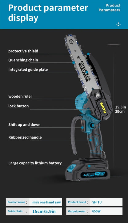 Handheld Electric Chainsaw – Mini Cordless Portable Tree Cutter with Splash Guard, Security Lock, Rechargeable Battery Options, Garden & Yard Gift for Men