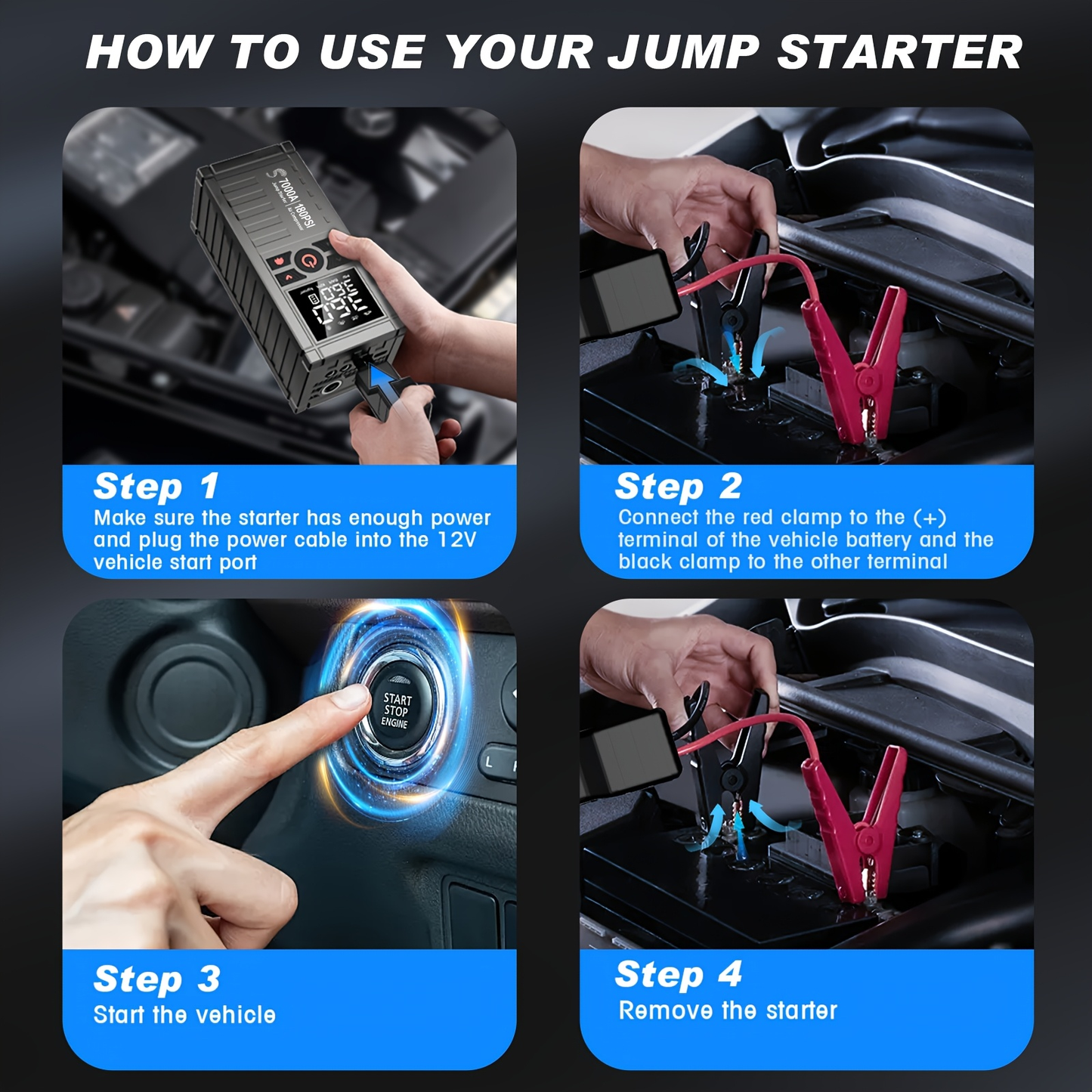 7000A Jump Starter 8-in-1 29800mAh with Air Compressor Tire Inflator SOS LED Flashlight Power Bank for 10L Gas 8.5L Diesel Cars Trucks RV Motorcycle Boat