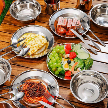 Stainless Steel Camping Mess Kit 29 Piece Dinnerware Set - Plates Bowls Mugs Cutlery