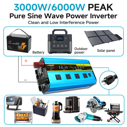 Pure Sine Wave Inverter 3000W 6000W Peak DC 12V 24V to AC 110V with LCD Display 4 AC Outlets Wireless Remote Control for RV Truck Vehicle Camping Home Backup