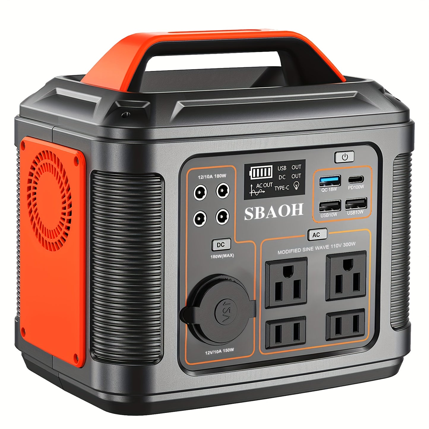 Solar Generator Portable Power Station 300W 296Wh | 60W Solar Panel AC DC USB Fast Charging LED Flashlight | Camping RV Emergency Backup Battery Orange