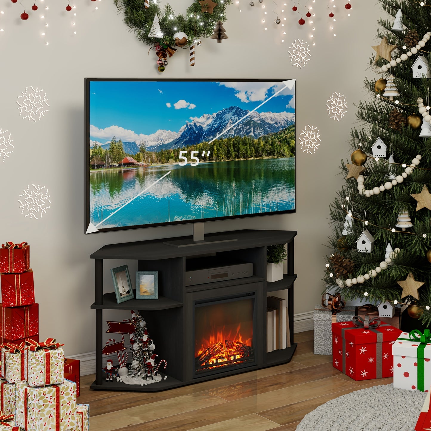 Corner TV Stand with Electric Fireplace, 55" Entertainment Center with Open Storage Shelves & Decorative Plastic Poles, Corner Fireplace Media Console, Americano/Black