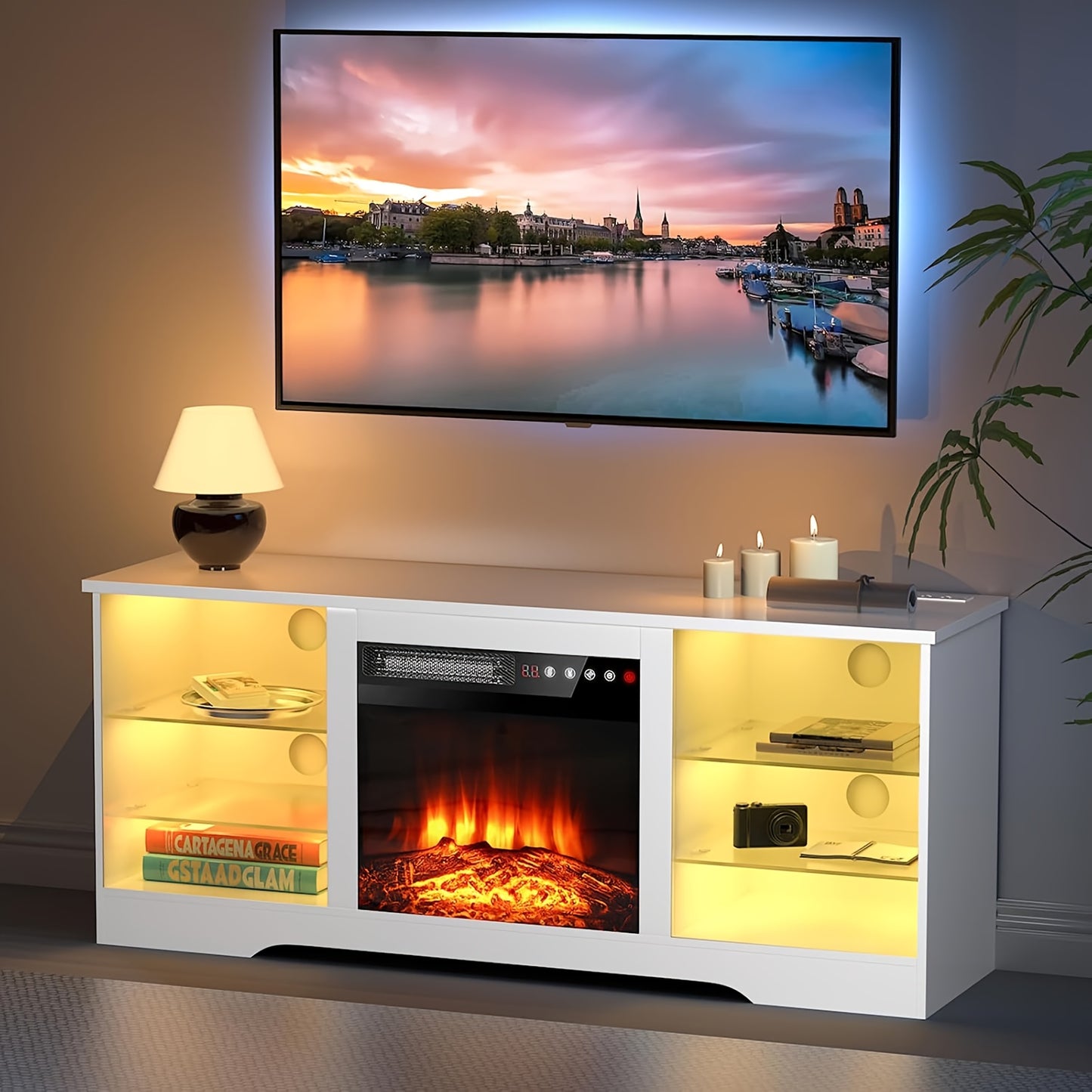 Fireplace TV Stand with 18" Electric Fireplace Insert, 58" Entertainment Center with LED Leg Lights, Media Console for TVs Up to 65", Adjustable Glass Shelves & Storage Cabinets, Black/Gray/White/Beige/Brown
