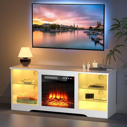 Fireplace TV Stand with 18" Electric Fireplace Insert, 58" Entertainment Center with LED Leg Lights, Media Console for TVs Up to 65", Adjustable Glass Shelves & Storage Cabinets, Black/Gray/White/Beige/Brown