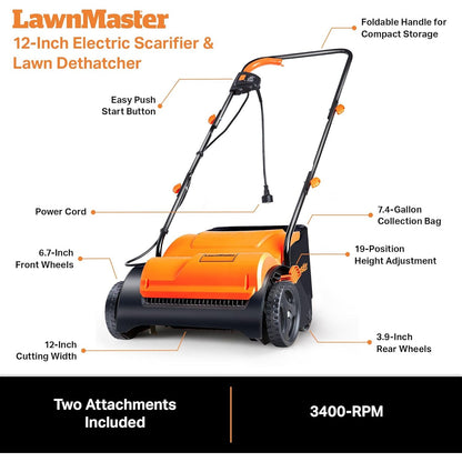 Electric Lawn Scarifier & Dethatcher 13" 12AMP 2-in-1 Aerator, 3400RPM Motor, 19 Cutting Positions, 6-Gallon Bag & Foldable Handle for Compact Storage