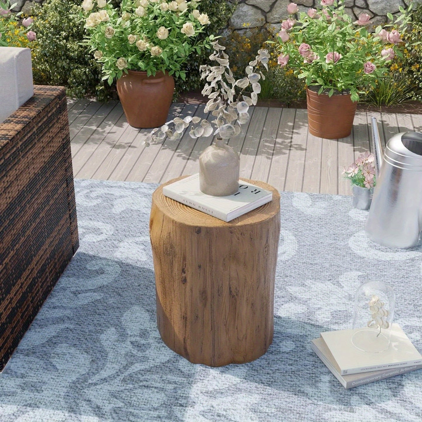 Tree Stump Side Table Outdoor Indoor | 220 Lbs Capacity Faux Wood Accent Table, All-Weather Magnesia, Plant Stand, Patio Stool & End Table for Porch Balcony Garden Living Room