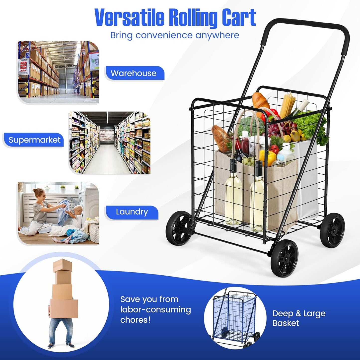 Rolling Shopping Cart Heavy Duty Metal Basket 100 LBS Capacity, Foldable Grocery Utility Cart with Foam Handle Large Wheels 22 Gal for Supermarket Laundry Warehouse