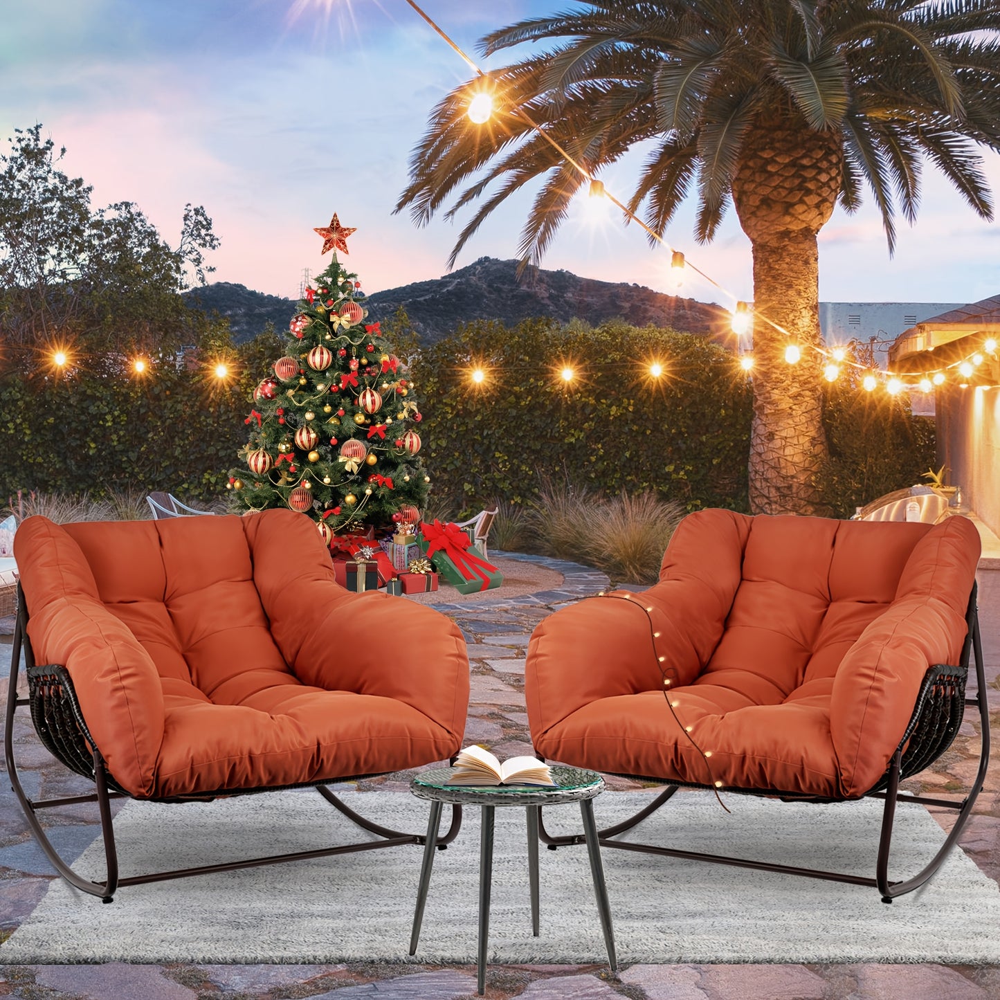 Papasan Rocking Chair Outdoor Wicker Egg Chair with Cushion & Pillow, Large Patio Rocker for Garden, Backyard & Porch, 8 Colors