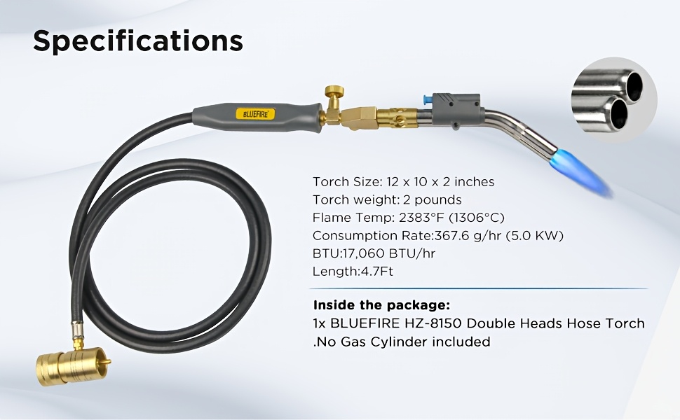 Propane MAPP Gas Brazing Torch Double Turbo Swirl Flame with 5FT Hose & Trigger Start – Heavy Duty Welding Blowtorch for Copper Pipe Plumbing HVAC, Torch Only