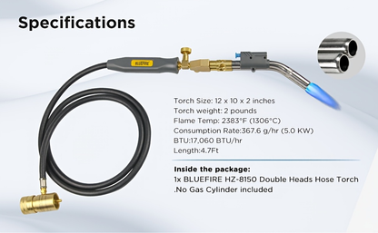 Propane MAPP Gas Brazing Torch Double Turbo Swirl Flame with 5FT Hose & Trigger Start – Heavy Duty Welding Blowtorch for Copper Pipe Plumbing HVAC, Torch Only